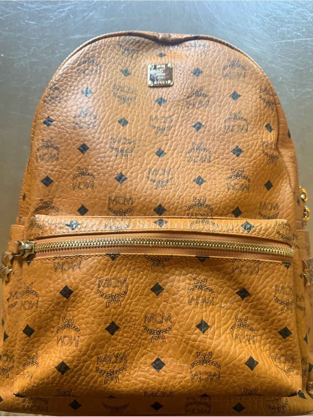 MCM Cognac Visetos Logo Backpack with Gold Hardware